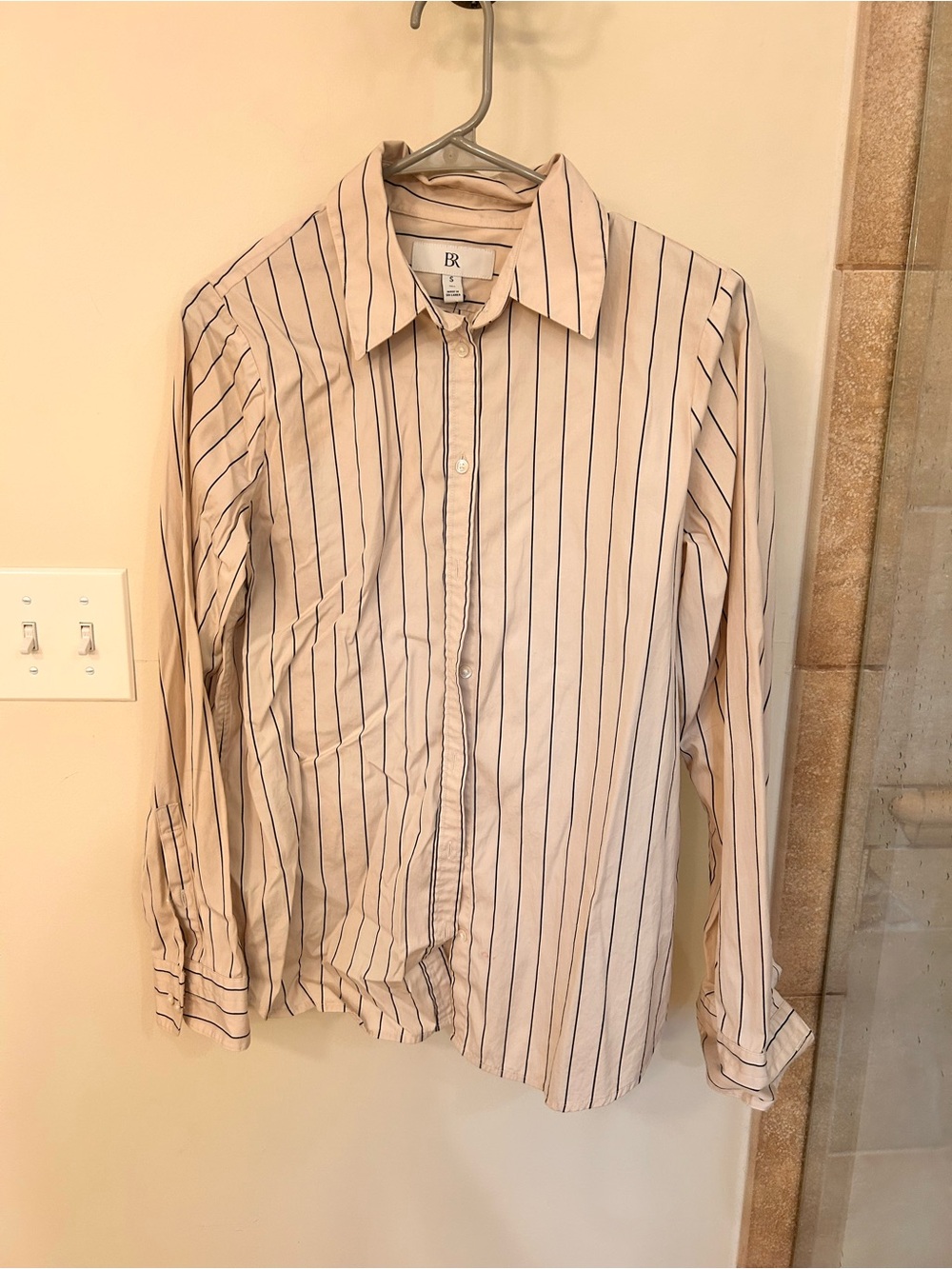 Banana Republic Cream Perfect Poplin Button-Down Shirt with Navy Pinstripes